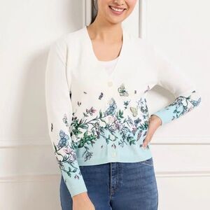Talbots Women Large Blue Butterfly Print White Button Front Cardigan Jacket